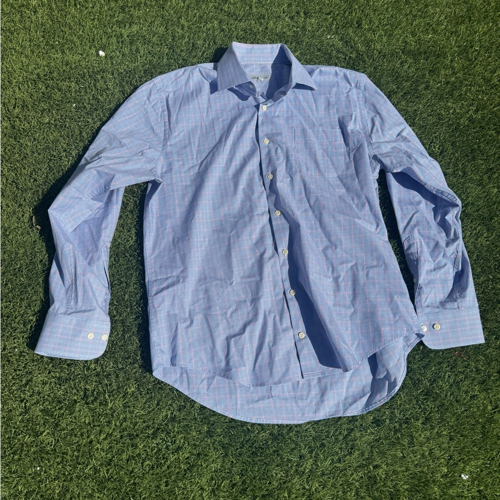Peter Millar Mens Plaid Button Down Blue L